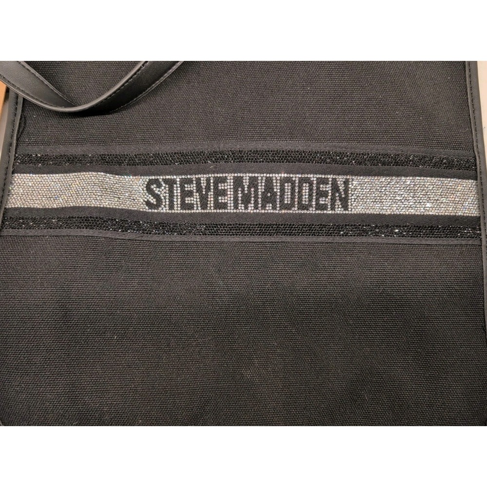 Steve Madden City Tote Bag Purse Black Canvas Sequins Detachable Small Bag NWT - Picture 2 of 6